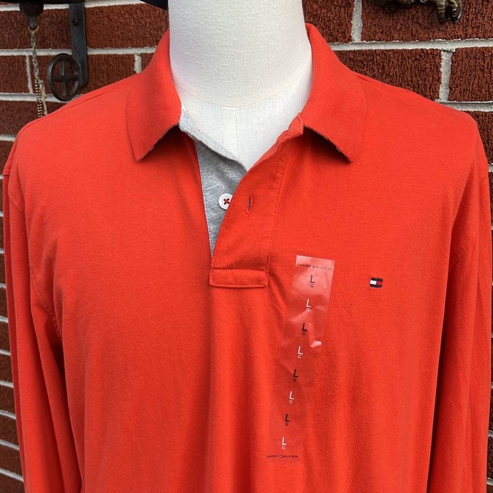*NWT* Tommy Hilfiger Orange Long Sleeve Polo Logo on Chest Men's Large - Picture 4 of 13